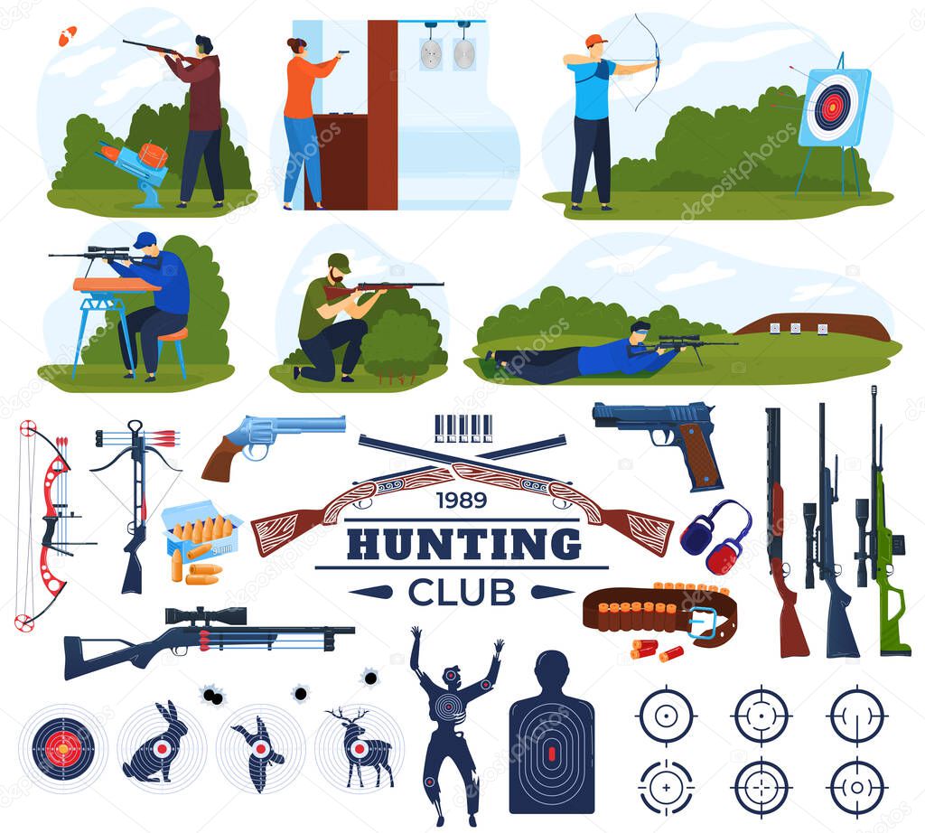 Hunting club vector illustration set, cartoon flat hunter equipment collection with shooting gallery and man holding gun weapon
