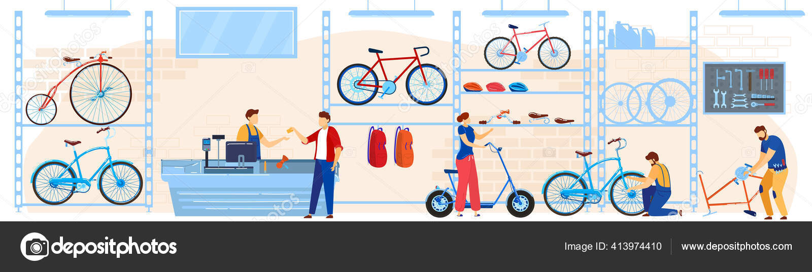 Bicycle bike store vector illustration, cartoon flat buyers shoppers people choosing cycles, accessories or equipment at bike shop Stock Vector by ©seahorsevector 413974410