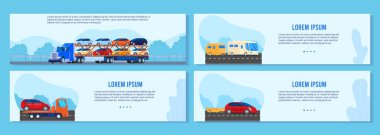Araç karavanı çizim seti, karikatür düz otomatik ulaşım pankartı koleksiyonu ve farklı nakliye aracı minibüsü.