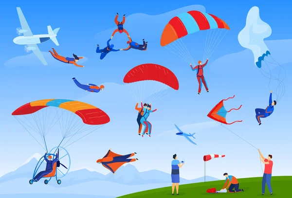 Parachutisme extrême sport vecteur illustration ensemble, dessin animé parachute plat parachutiste sportif personnages sautant avec parachutes — Image vectorielle