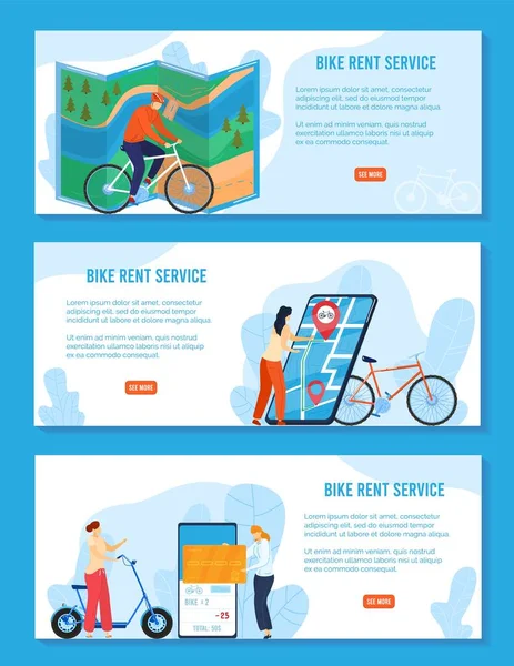 Conjunto de ilustrações de vetor de aluguel de bicicletas, desenho animado plana esporte bicicleta cidade transporte aluguel banner coleção para aplicativo smartphone —  Vetores de Stock