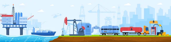 Ilustración del vector de la industria del gas petrolífero, paisaje urbano industrial plano de dibujos animados con siluetas de plantas, transporte de camiones de carga — Vector de stock