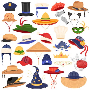 Hats clothes vector illustration set, cartoon flat fashion classic accessory on man woman head collection isolated on white clipart