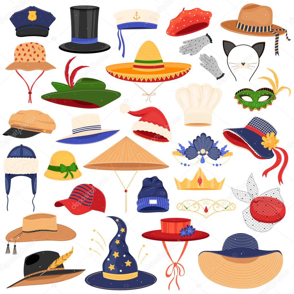 Hats clothes vector illustration set, cartoon flat fashion classic accessory on man woman head collection isolated on white