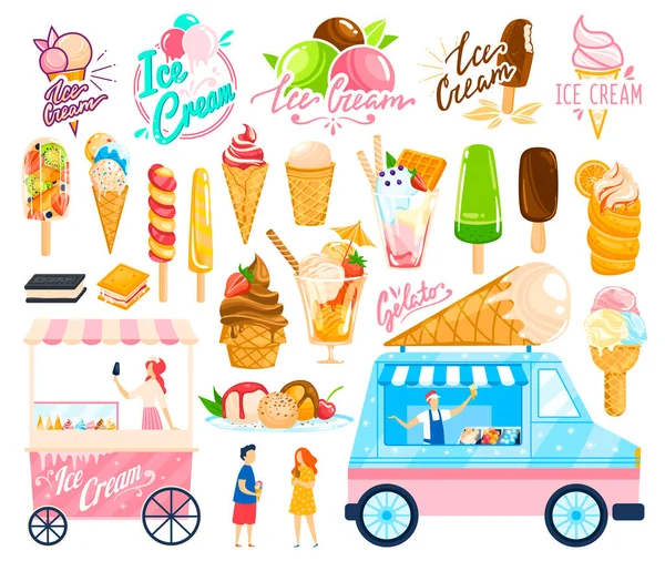 Ice cream sweet food vector illustration set, cartoon flat streetfood icecream shop truck collection of various gelato balls — Stock Vector