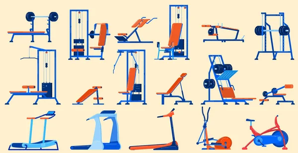 Ensemble d'illustration vectorielle d'équipement de gymnastique de sport de forme physique, machine d'exercice plate de dessin animé et collection de dispositifs d'entraînement pour l'exercice — Image vectorielle