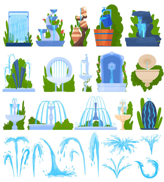 Water fountain architecture decor vector illustration set, cartoon flat architectural element, exterior park decoration collection