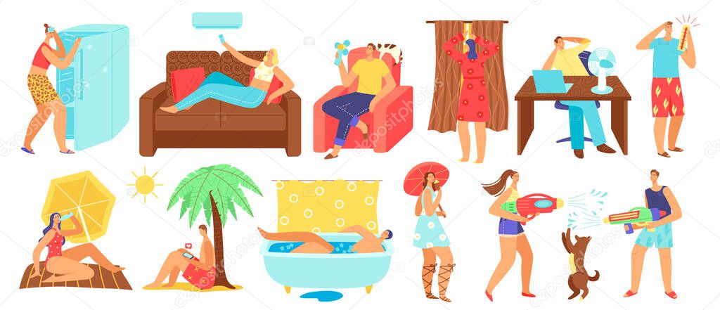 Hot summer heat day vector illustration, cartoon flat people sunbathing on tropical beach, sitting at home with air conditioner