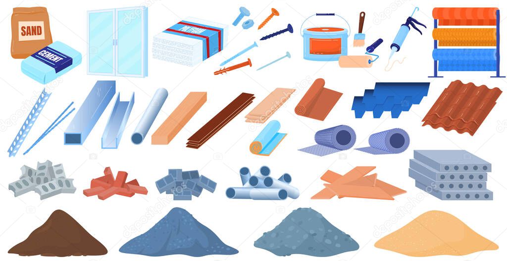 Building construction materials vector illustration set, cartoon flat constructing industry collection of cement sand brick gravel