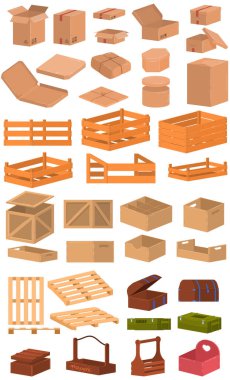 Teslimat kutusu vektör illüstrasyon seti, karikatür 3d karton ya da ahşap kutu kolleksiyonları depolama kutuları