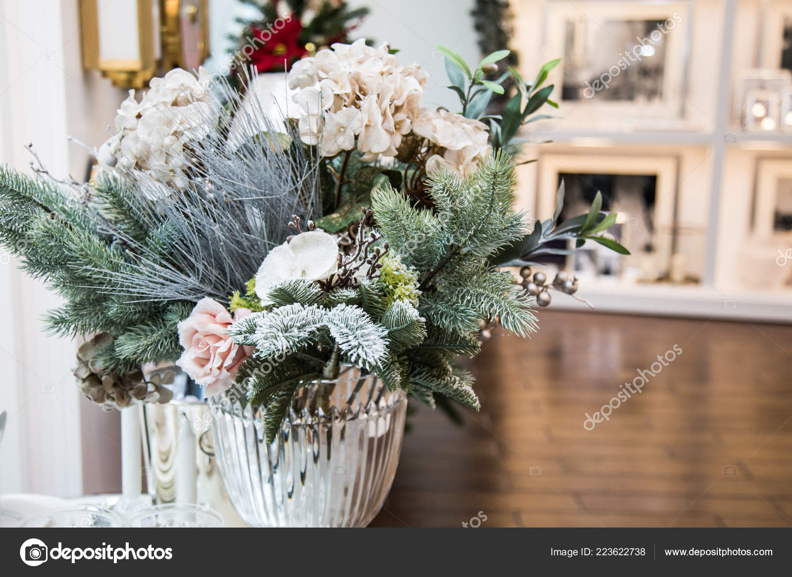 Decorated Vase Beautiful White Flowers Christmas Tree Branches