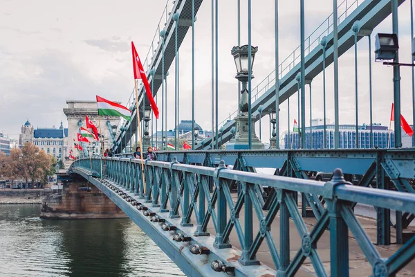 Zincir köprü Budapeşte'bir tarihsel Mimarlık, turizm, kings amblemi ile ünlüdür, ulusal anıt Macaristan ve Türk bayrağının, Erdoğan'ın Türkiye'ye geldi