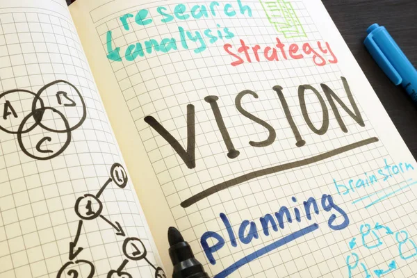 Vision written in the notepad. Planning and Strategy.