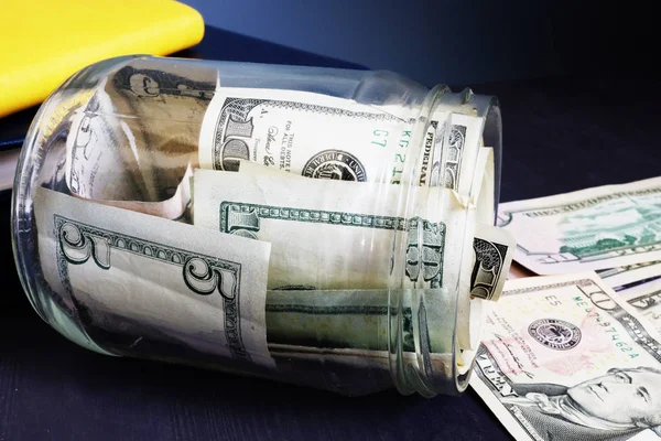 Savings Jar Money Dollar Banknotes Desk — Stock Photo, Image