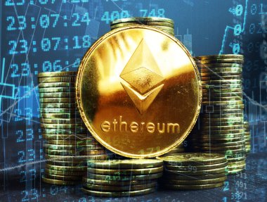 Ethereum Eth paraları. Kripto Menkul Kıymetler Borsası kavramı.