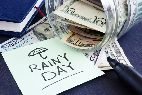 Rainy Day Fund Savings Jar Dollar Bills — Stock Photo, Image