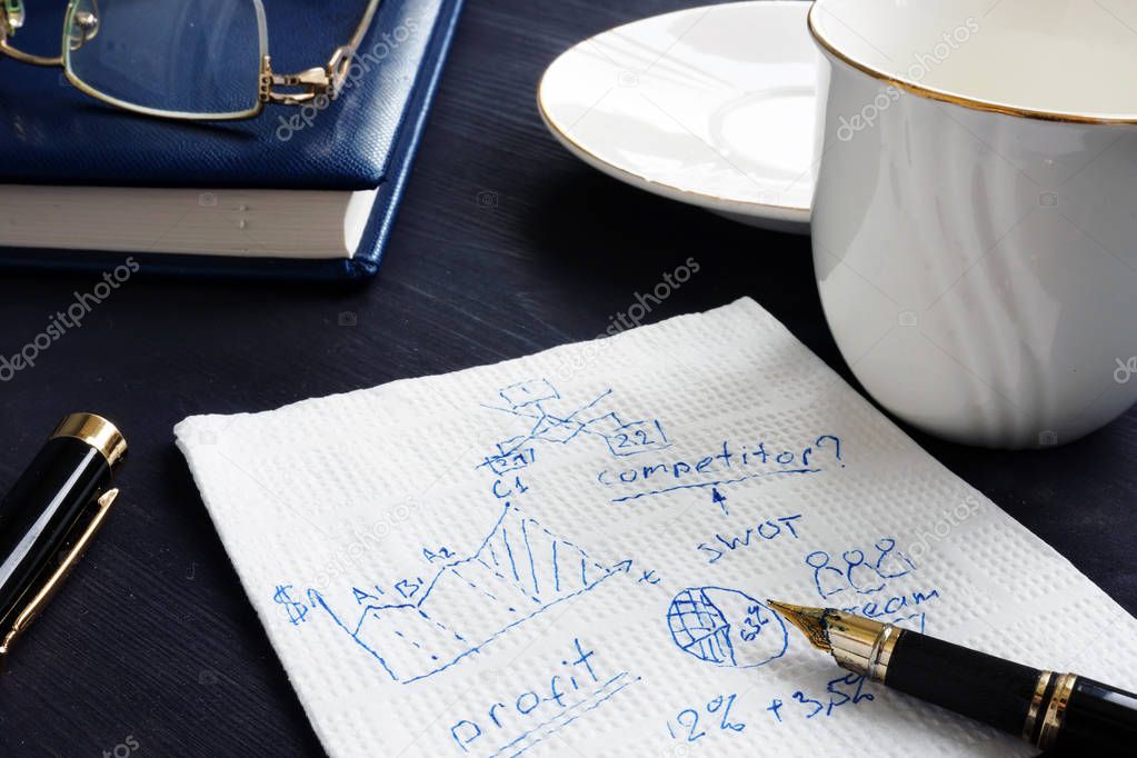 Business calculation and creative ideas written on a napkin.