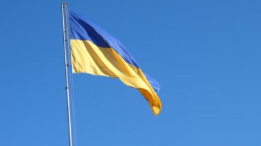 Ukraynalı bayrak rüzgar ve mavi gökyüzünde sallayarak.