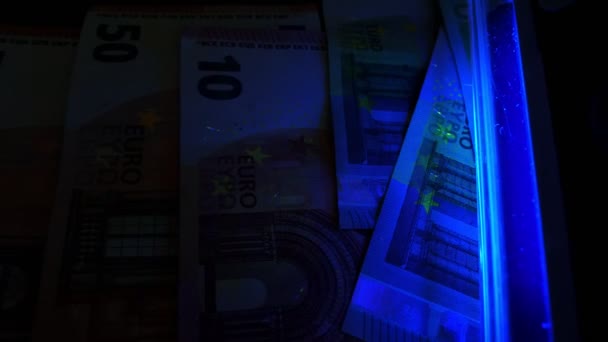 Light Using Checking Euro Banknotes Counterfeit Money Detection — Stock Video