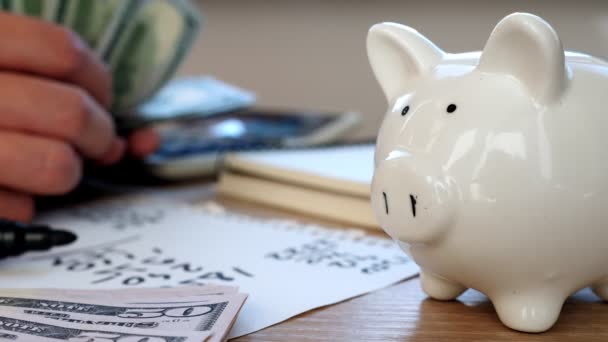 Handen Zijn Geld Tellen Dollars Piggy Bank Spaar Huis Financiën — Stockvideo