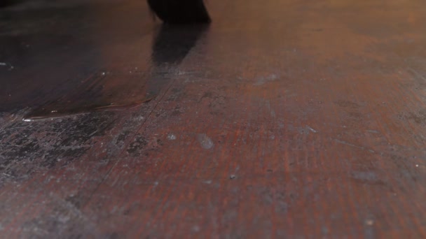 Drawing Varnish Brush Looking Old Wooden Surface Repairing Furniture — Stock Video
