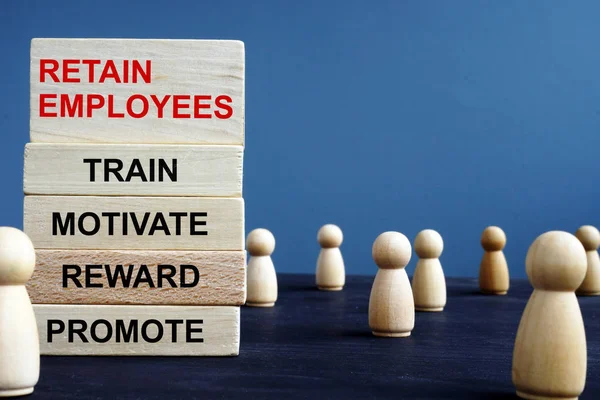 Words Retain Employees Train Motivate Reward Promote on a wooden blocks.