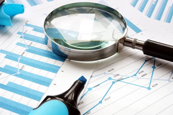 Magnifying Glass Financial Documents Audit Accounting — Stock Photo, Image