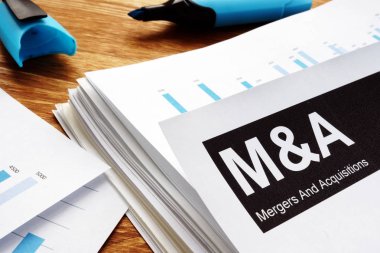 Documents about mergers and acquisitions m&a with a pen. clipart