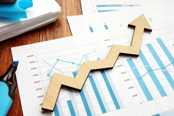 Business Growth Wooden Arrow Financial Reports — Stock Photo, Image