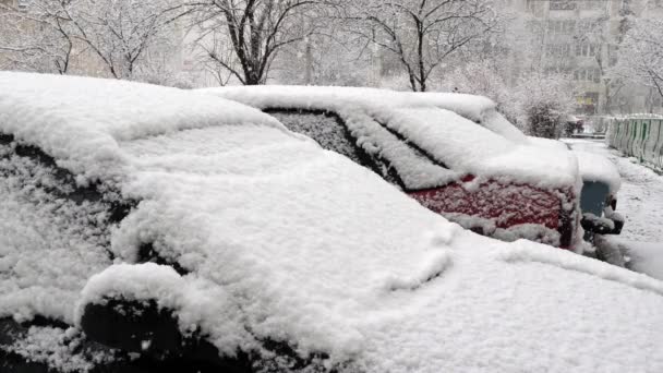 Sneeuwval Stad Auto Straat Bedekt Met Sneeuw — Stockvideo