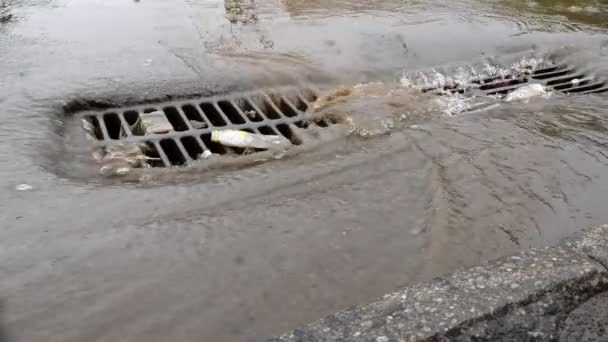 Хэви Дождь Городе Затопленная Улица Люк Крышка Ливневой Канализации — стоковое видео