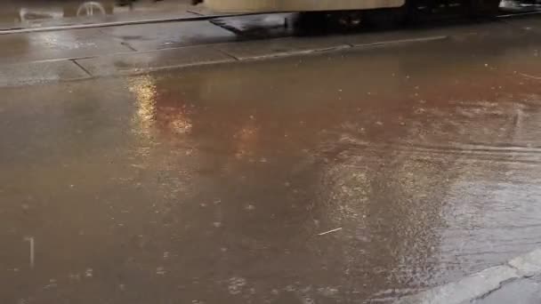 Flusso Acqua Sulla Strada Traffico Cittadino Con Forti Piogge — Video Stock