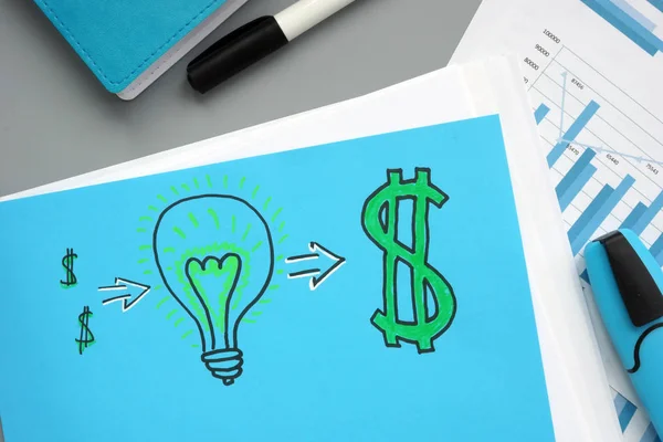 Tekenen van Bulb en dollar. Succesvol business start up concept. — Stockfoto