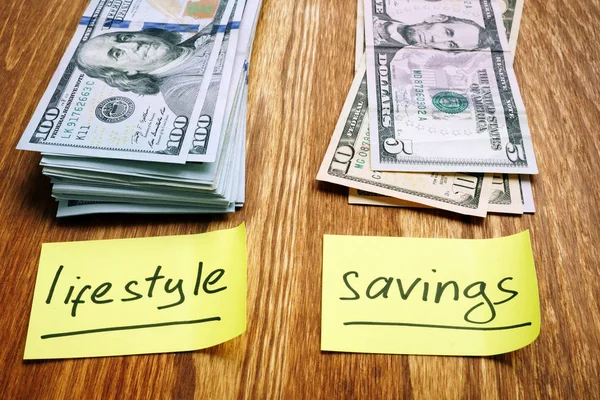 Планирование личных финансов. Две пачки денег образ жизни и сбережения . — стоковое фото