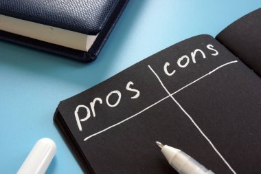 Pros and Cons list on the black page. clipart