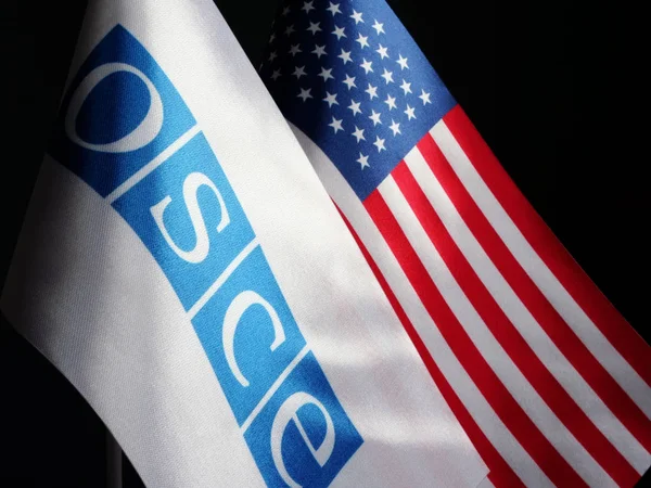 Osce und usa Flaggen. Kooperations- und Verhandlungskonzept. — Stockfoto