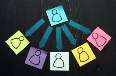Delegasyon konsepti. Kağıt ve oklar üzerine çizilmiş siluetler.
