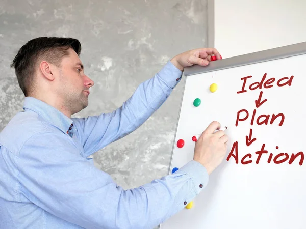 Asesor escribe un plan de acción de ideas en la pizarra blanca . — Foto de Stock