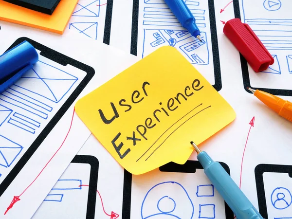 UX felhasználói élmény felirat és vázlatok a mobil alkalmazás. — Stock Fotó