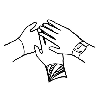 doodle Hands of diverse group of people putting together. Concept of cooperation, unity, togetherness, partnership, agreement, teamwork, social community or movement. drawing style clipart