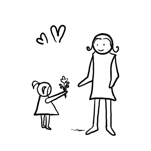 Dessinée Main Petite Fille Donne Des Fleurs Son Symbole Mère — Image vectorielle