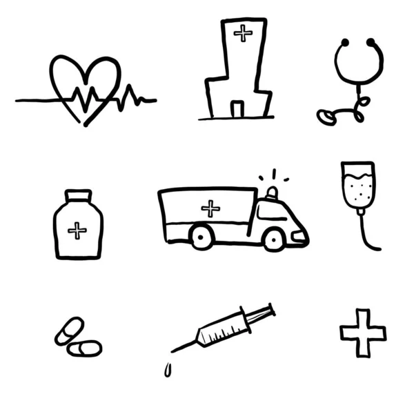 Conjunto Hospital Desenhado Mão Ilustração Vetorial Relacionada Medicina Com Doodle — Vetor de Stock