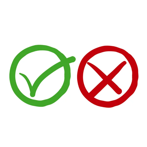 Dessiné Main Symbole Tique Verte Signe Croix Rouge Cercle Icônes — Image vectorielle