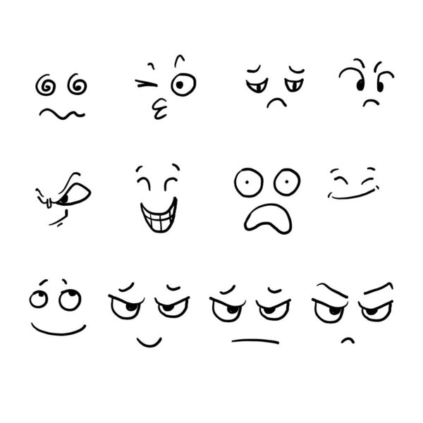 collection of hand drawn Cartoon faces. Expressive eyes and mouth, smiling, crying and surprised character face expressions. Caricature comic emotions or emoticon doodle vector