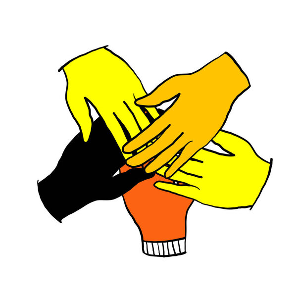 Руки разношерстной группы людей складываются вместе. Концепция сотрудничества, единства, единства, партнерства, согласия, командной работы, социального сообщества или движения. стиль рисования
