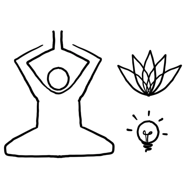 Práctica Meditación Dibujada Mano Conjunto Iconos Línea Vectorial Yoga Relajación — Vector de stock