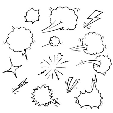 El çizimi karalama elemanı koleksiyonu. kabarcık konuşma, boom, wow.doodle tarzı vektör