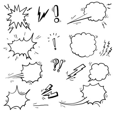 El çizimi karalama elemanı koleksiyonu. kabarcık konuşma, boom, wow.doodle tarzı vektör
