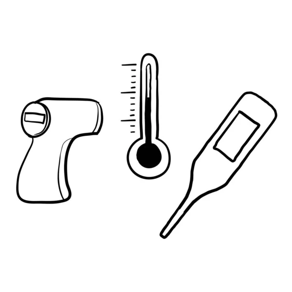 温度関連ベクトルハンドのシンプルなセットが描かれています 温度計 パイロメーター 体温チェックドアなどのアイコンが含まれています — ストックベクタ