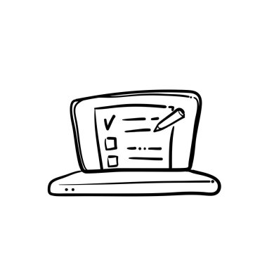 El çizimi Online sınav, kontrol listesi ve kalem, sınav, cevap seçimi, anket formu, eğitim konsepti, karalama vektörü